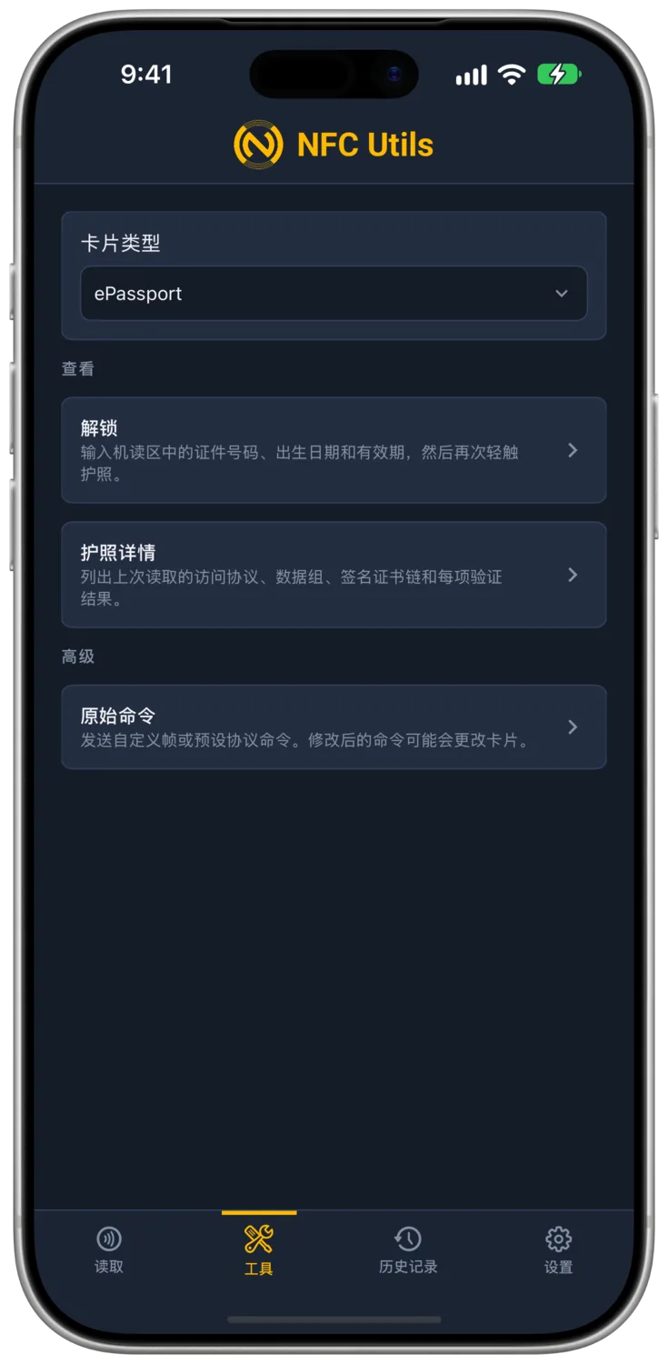 ePassport 工具配置显示“解锁”、“护照详情”和“原始命令”。