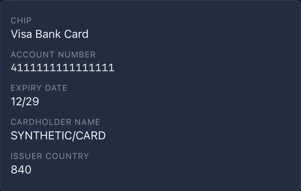 架空の銀行カードの口座情報を表示したNFC Utils。