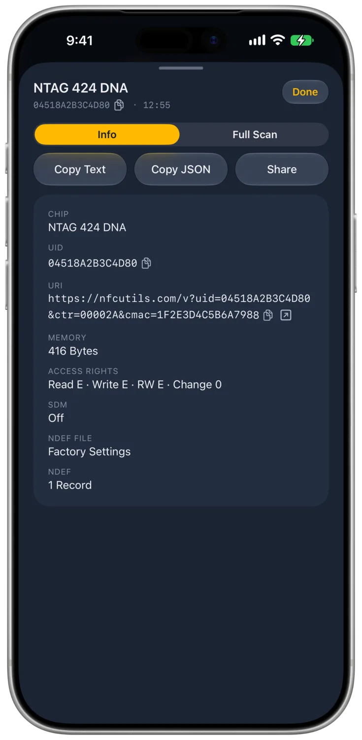 An NTAG 424 DNA History entry is open with its saved readout, Info, Full Scan, Copy Text, Copy JSON, and Share.