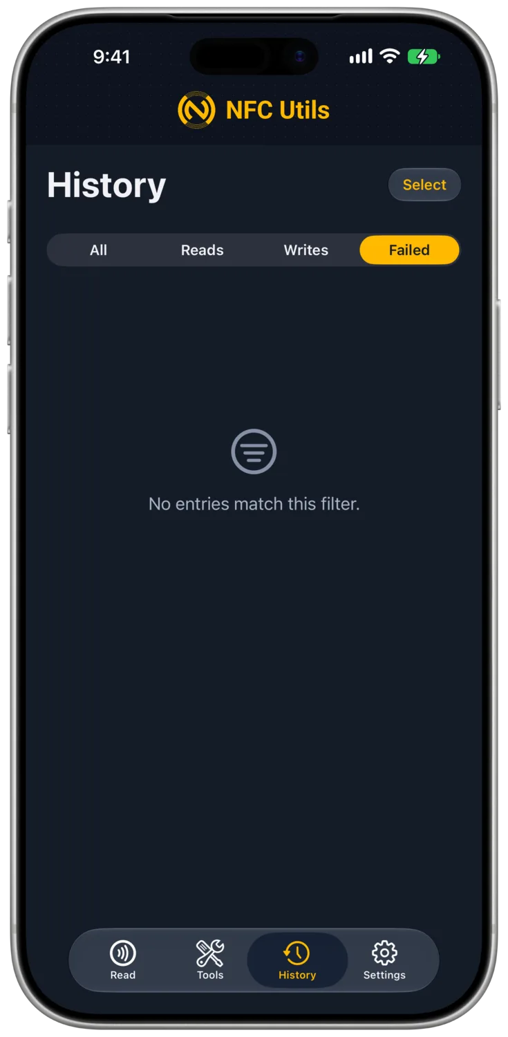 History has Failed selected and shows “No entries match this filter.”