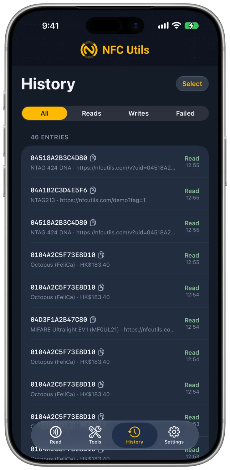 History shows four entries with All selected, including NTAG 424 DNA, NTAG213, and a Visa card read marked USB.