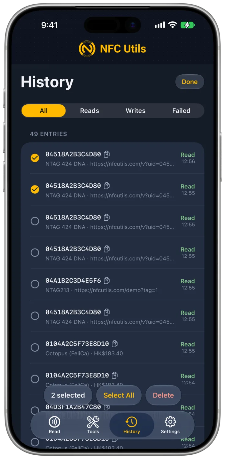 History shows two selected entries with check marks, Select All, and the trash button.