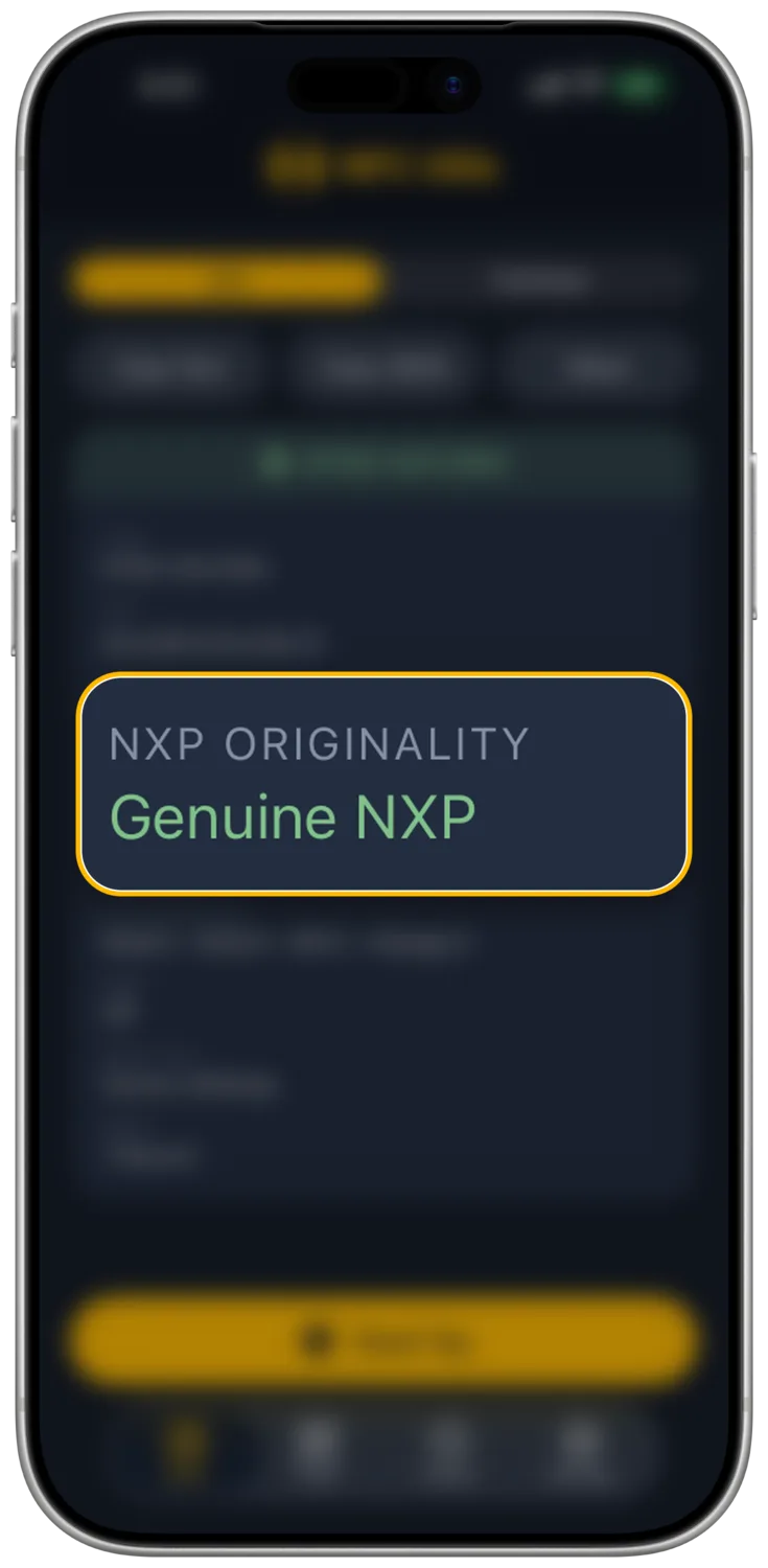 Read shows Genuine NXP under NXP Originality for an NTAG 424 DNA.