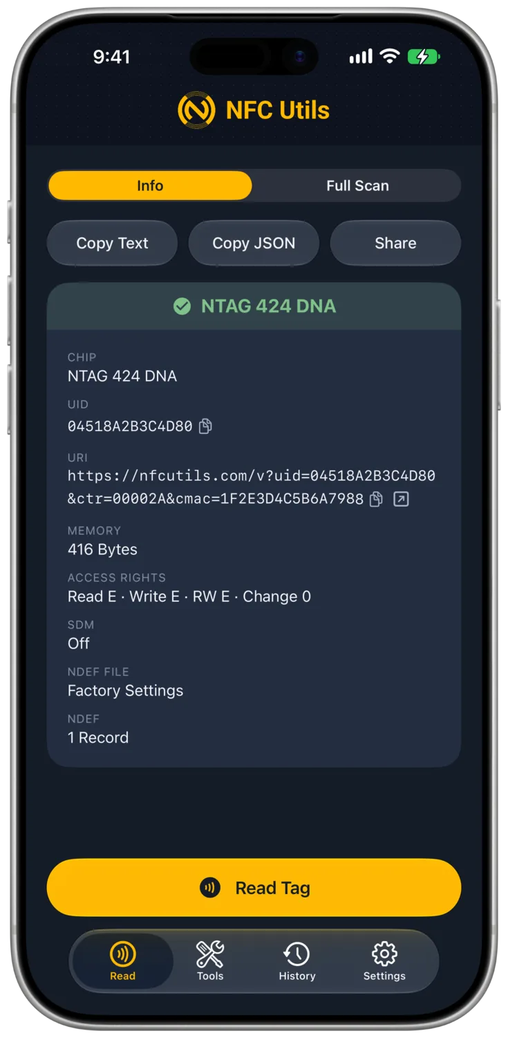 정보에 NTAG 424 DNA의 UID, URI, 메모리, 접근 권한, SDM 상태, NDEF 세부 정보가 표시됩니다.