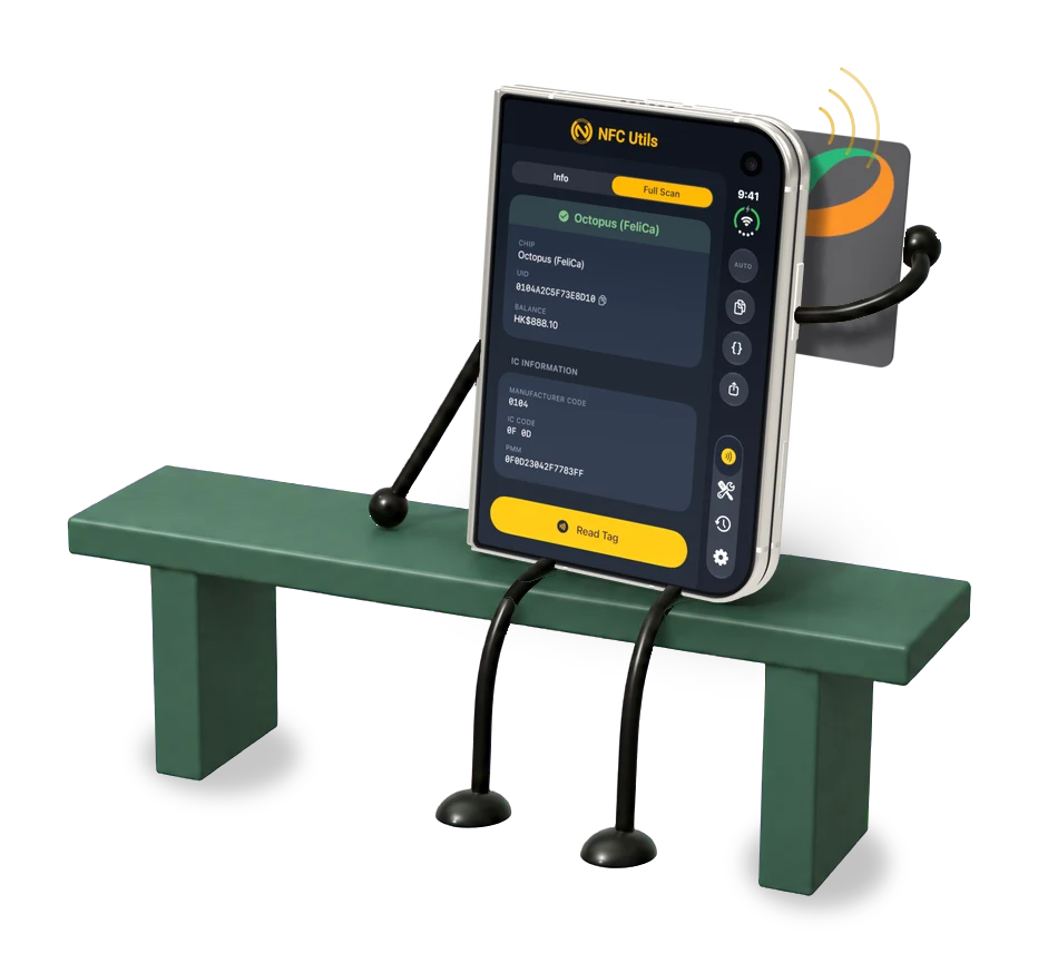 A folded iPhone Duo sits on a bench, holding an Octopus card against its back. Its display shows NFC Utils with a Full Scan and the card’s HK$888.10 balance.