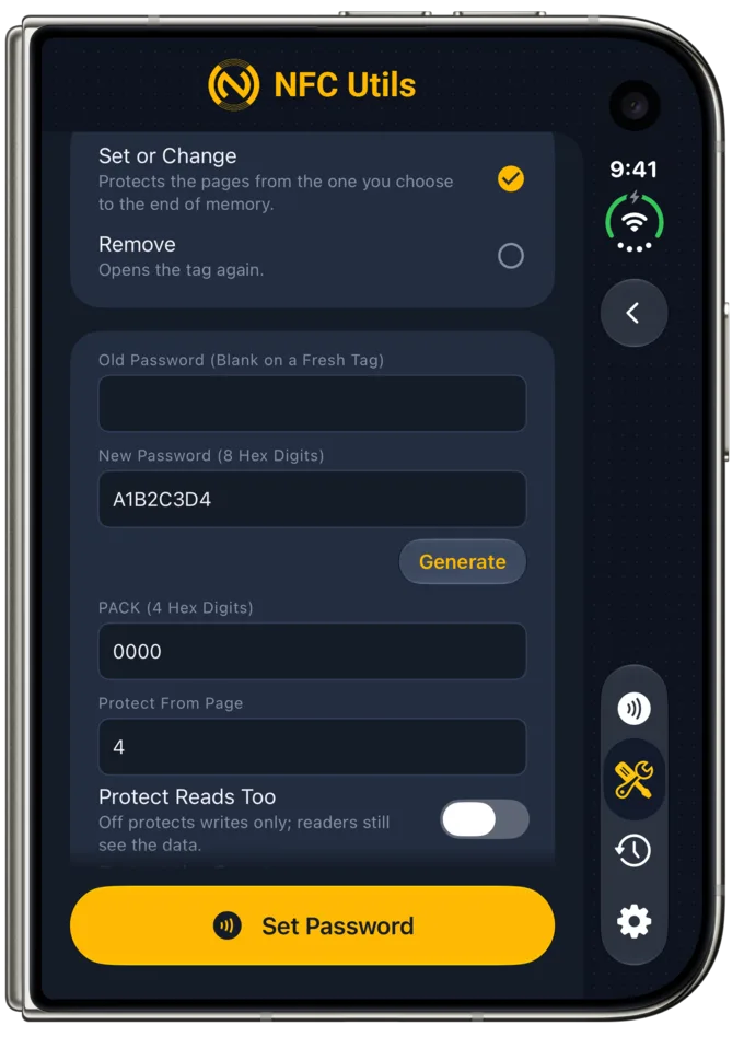 On a closed iPhone Duo, NFC Utils’ Tag Password tool has Protect From Page set to 4 and Protect Reads Too off for an NTAG213.