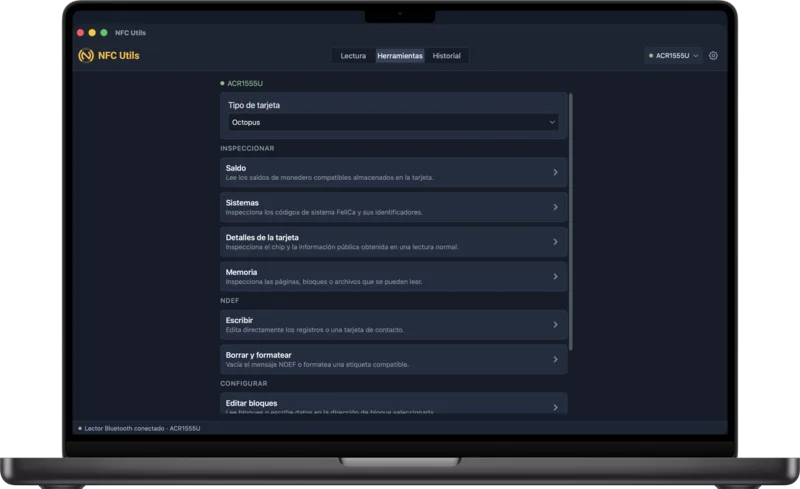 NFC Utils en Mac con el tipo de tarjeta Octopus seleccionado en Herramientas y sus herramientas de transporte en la lista.