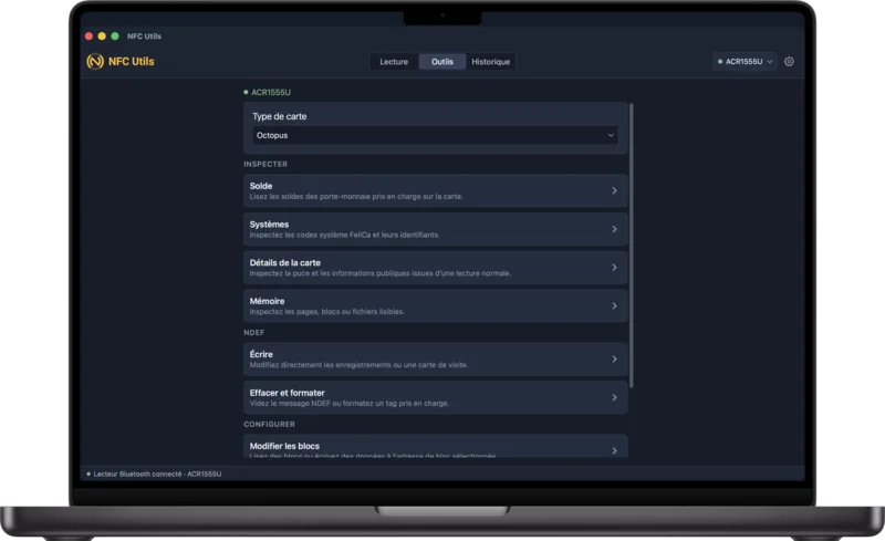 NFC Utils sur Mac avec le type de carte Octopus sélectionné dans Outils et ses outils de transport listés.
