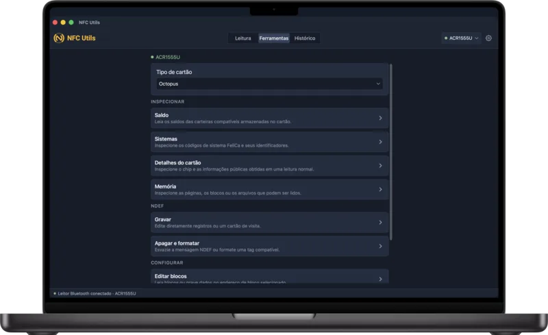 O NFC Utils no Mac com o tipo de cartão Octopus selecionado em Ferramentas e suas ferramentas de transporte listadas.