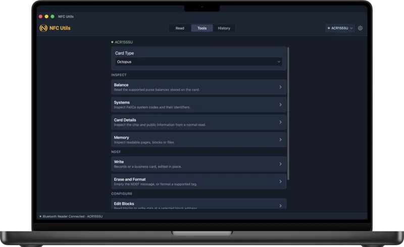 ツールでオクトパスカードを選び、交通系ツールを表示したMac版NFC Utils。