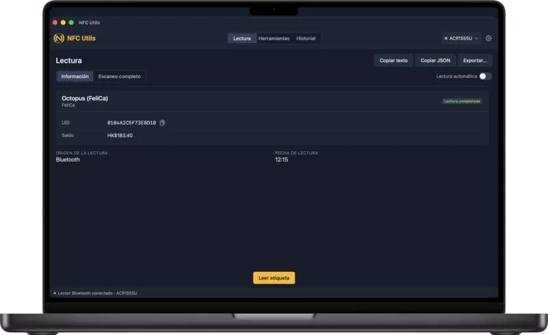 La ventana de NFC Utils en Mac leyendo una tarjeta Octopus a través de un lector Bluetooth, sin panel de registros NDEF