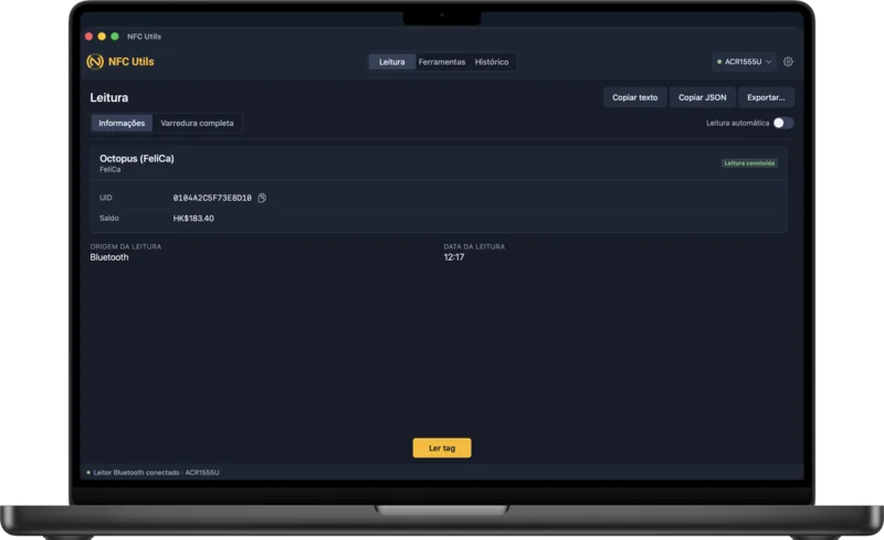 A janela do NFC Utils no Mac lendo um cartão Octopus por um leitor Bluetooth, sem painel de registros NDEF