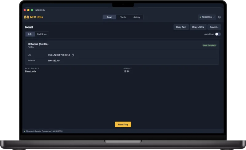 Bluetoothリーダーでオクトパスカードを読み取るNFC UtilsのMac画面。NDEFレコードのパネルは表示されません。